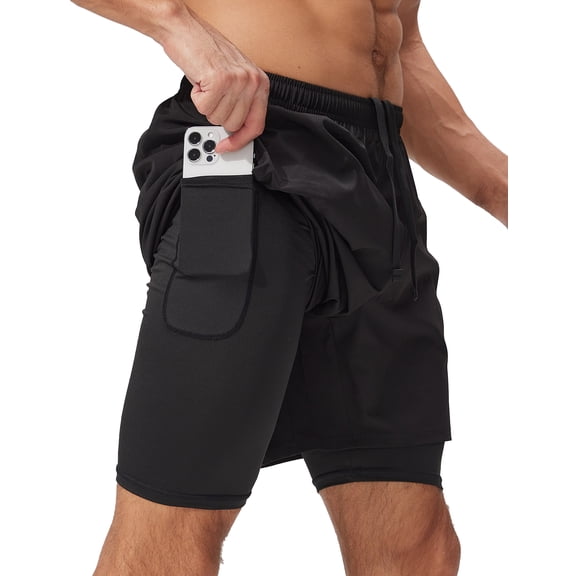 FEOYA 2 in 1 Athletic Quick Dry Shorts Men's Gym Workout Shorts with Compression Liner Breathable Outdoor Training Sports Shorts Lightweight Running Sweat Shorts XL Black
