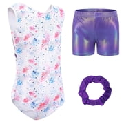 FEOYA Athletic Bodysuit Girls Gymnastics Leotards Kids Gymnastics Long Sleeve/Sleeveless Leotards Dance Jumpsuit Sparkly Ballet Outfit Shorts Hairbands Set 3Pcs for 5-12 Years Starry Sky Purple