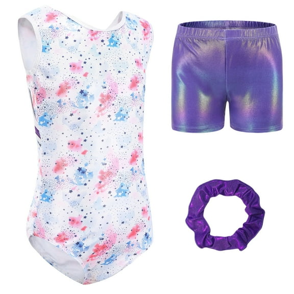 FEOYA Athletic Bodysuit Girls Gymnastics Leotards Kids Gymnastics Long Sleeve/Sleeveless Leotards Dance Jumpsuit Sparkly Ballet Outfit Shorts Hairbands Set 3Pcs for 5-12 Years Starry Sky Purple