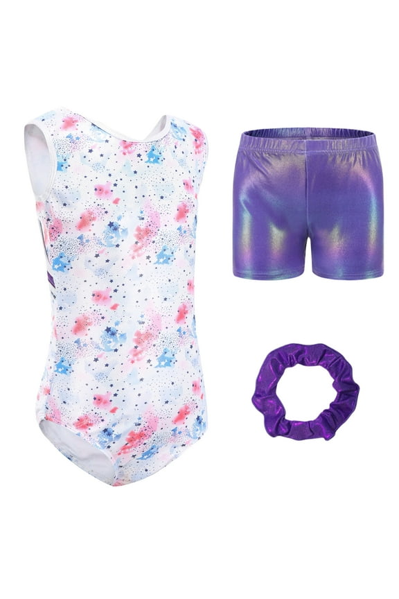 Athletic Bodysuit Girls Gymnastics Leotards Kids Gymnastics Long Sleeve/Sleeveless Leotards Dance Jumpsuit Sparkly Ballet Outfit Shorts Hairbands Set 3Pcs for 5-12 Years Starry Sky Purple