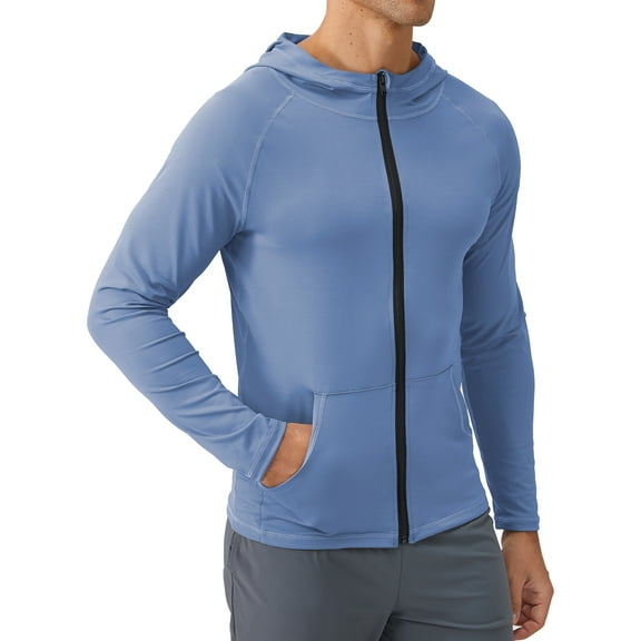 FEOYA Athletic Jacket Shirts Men's Long Sleeve Full Zip Hoodie Male Workout Gym Jacket for Outdoor Training Running Fishing Hiking Active L Blue