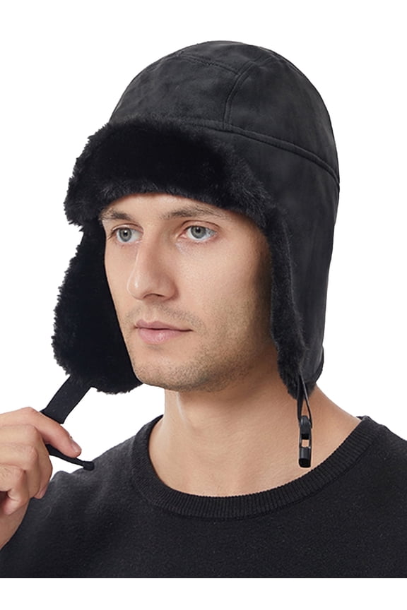 Aviator Trapper Hat for Men Leather Ear Flaps Cap Warm Winter Cap Earflaps Hat Thickened Windproof Ski Cap with Adjustable Buckle for Outdoor