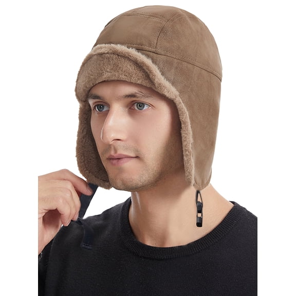 FEOYA Aviator Trapper Leather Hat Men's Vintage Hat Russian Winter Cold Skiing with Adjustable Buckle for Outdoor Hiking
