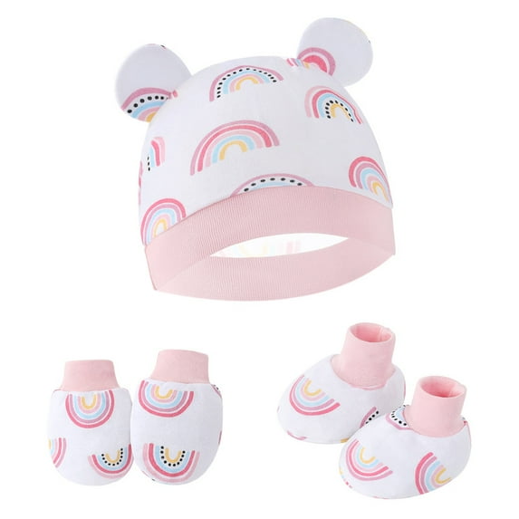 FEOYA Baby Cotton Caps Girl Beanie Caps Infant Mittens Socks Set Boy No Scratch Mitts Newborn Hospital Hat Soft Gloves Socks for 0-6 Months