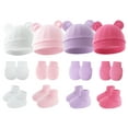 thumbnail image 1 of FEOYA Baby Girl Hospital Cap Newborn Cotton Hat Mittens Infant Bear Ears Baby Boy Beanie Caps Preemie No Scratch Mittens Preemie Hat Mitten Sock Set 4 Pack for 0-6 Months(Pink White Purple Red), 1 of 7