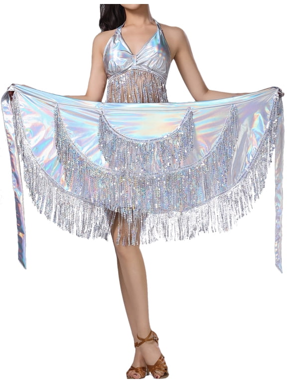 Belly Dance Hip Scarf for Women Triangle Dance Belt Skirt with Tassels Latin Dance Hip Scarf Sequins Wrap Scarf Skirt for Music Festival Rave Party Silver