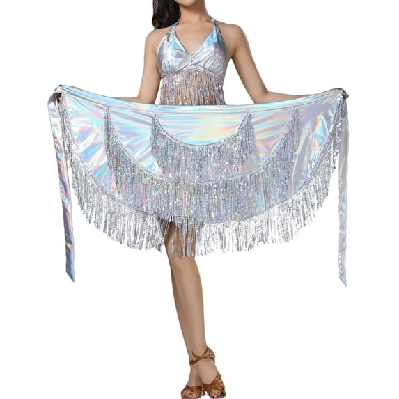 FEOYA Belly Dance Hip Scarf for Women Triangle Dance Belt Skirt with Tassels Latin Dance Hip Scarf Sequins Wrap Scarf Skirt for Music Festival Rave Party Silver