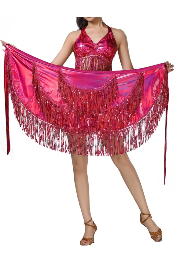 Belly Dance Hip Scarf Womens Latin Dance Hip Scarf Sequins Fringe Triangle Coins Wrap Skirt Hip Scarf for Cha-cha Tango Samba Rave Salsa Rumba Rose Red