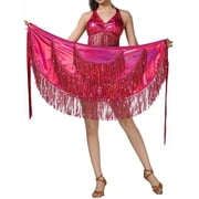 FEOYA Belly Dance Hip Scarf Womens Latin Dance Hip Scarf Sequins Fringe Triangle Coins Wrap Skirt Hip Scarf for Cha-cha Tango Samba Rave Salsa Rumba Rose Red