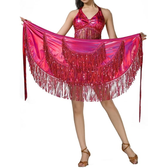 FEOYA Belly Dance Hip Scarf Womens Latin Dance Hip Scarf Sequins Fringe Triangle Coins Wrap Skirt Hip Scarf for Cha-cha Tango Samba Rave Salsa Rumba Rose Red