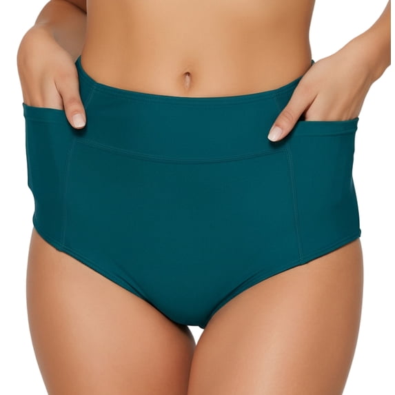FEOYA Bikini Bottoms for Women Tummy Control Ladies High Waisted Swim Shorts Full Coverage Bathing Suit with Pockets Summer Swimwear for Gym Swimming Active Yoya L Green