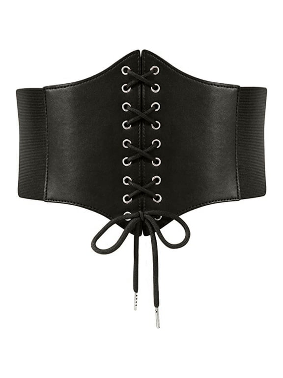 Black Corset Belt for Women Vintage Elastic Waist Belt Renaissance Corset Waistband Lace Up Pirate Corset Belt Wide Tied Waspie Belt PU Leathers Girdle for Dresses Daily Wear