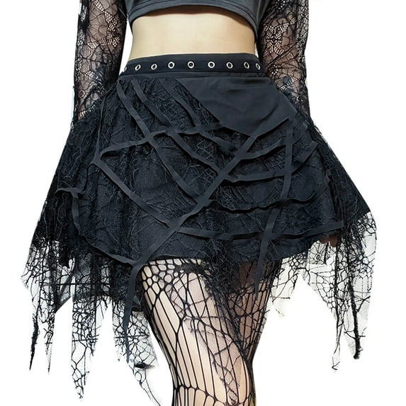 FEOYA Black Gothic Skirts High Waist Punk Skirt Women Plaid Pleated Mini Goth Skirt A-line Short Lace Skinny Steampunk Y2k Skirts Half Casual Summer