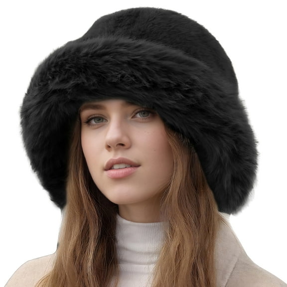 FEOYA Bucket Hat Women Faux Fur Ladies Russian Ushanka Hat Plush Warm Fisherman Cap Winter Fluffy Furry Pail Cap for Snow Outdoor Black