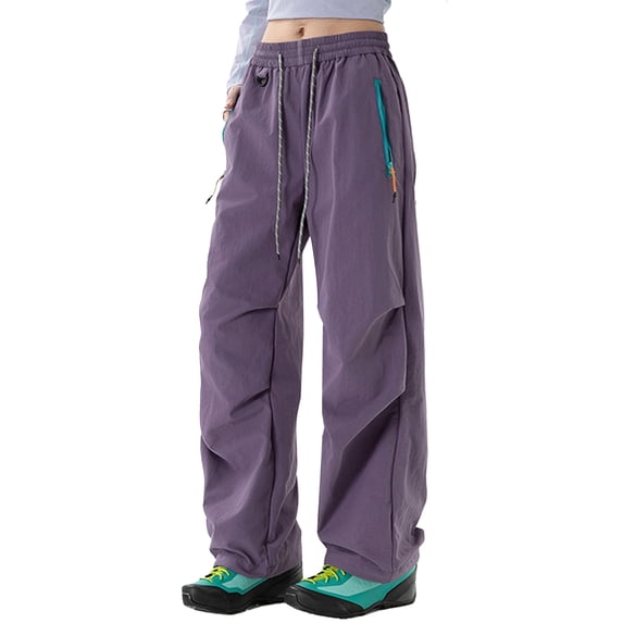 FEOYA Cargo Parachute Pants for Womens Quick-Dry Baggy Track Pants Waterproof Hiking Sweatpants Elastic Drawstring Outdoor Pants with Zipper Pockets Y2K Streetwear M