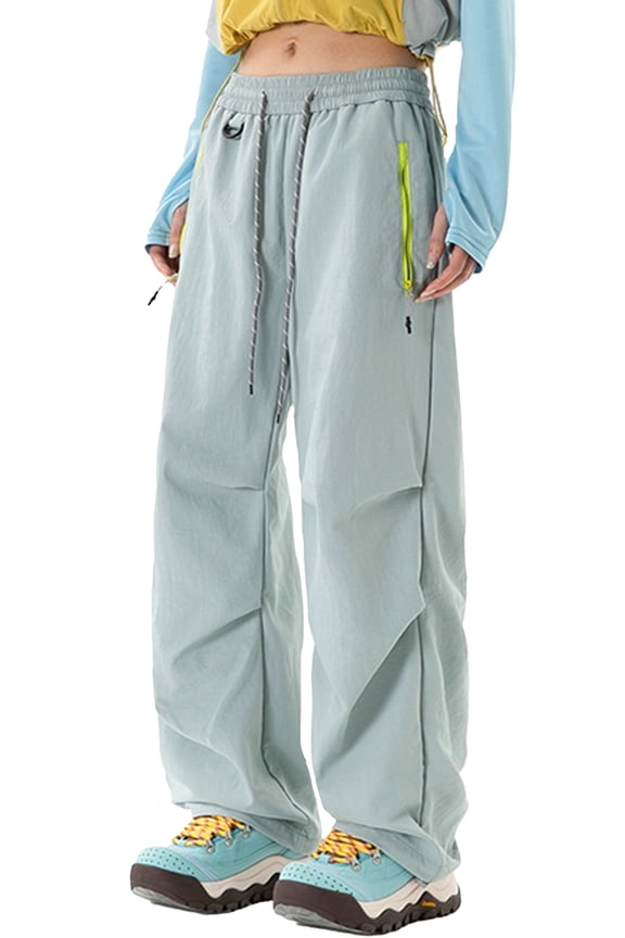 Cargo Parachute Pants for Womens Quick-Dry Baggy Track Pants Waterproof Hiking Sweatpants Elastic Drawstring Outdoor Pants with Zipper Pockets Y2K Streetwear M