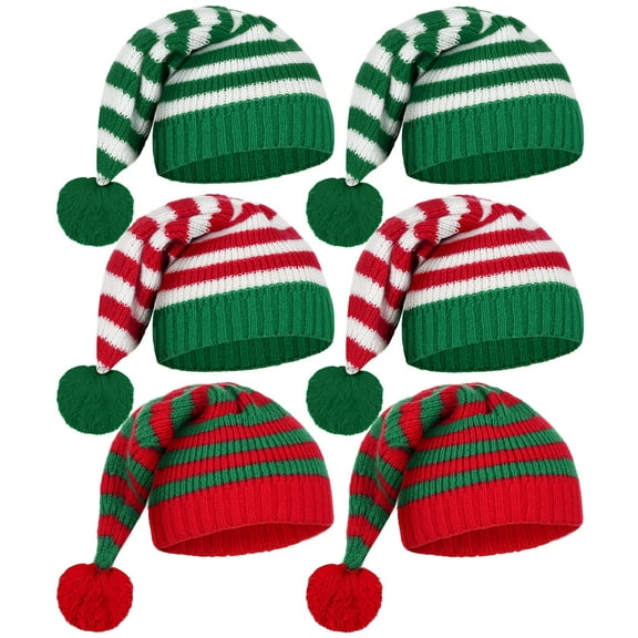 FEOYA Christmas Santa Hats Adults Xmas Knitted Hats Women Elf Winter Beanie Caps Men Stripe Christmas Crochet Caps 6 Pieces for Party New Year Festive Holiday