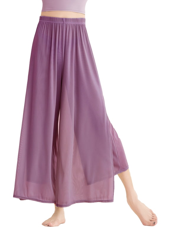 Classical Dance Trousers Women Flowing Palazzo Pants 2 Layers Side Slit Loose Straight Thin Mesh Practice Wide Leg Modern for Yoga Ballet Training Dailywear XL