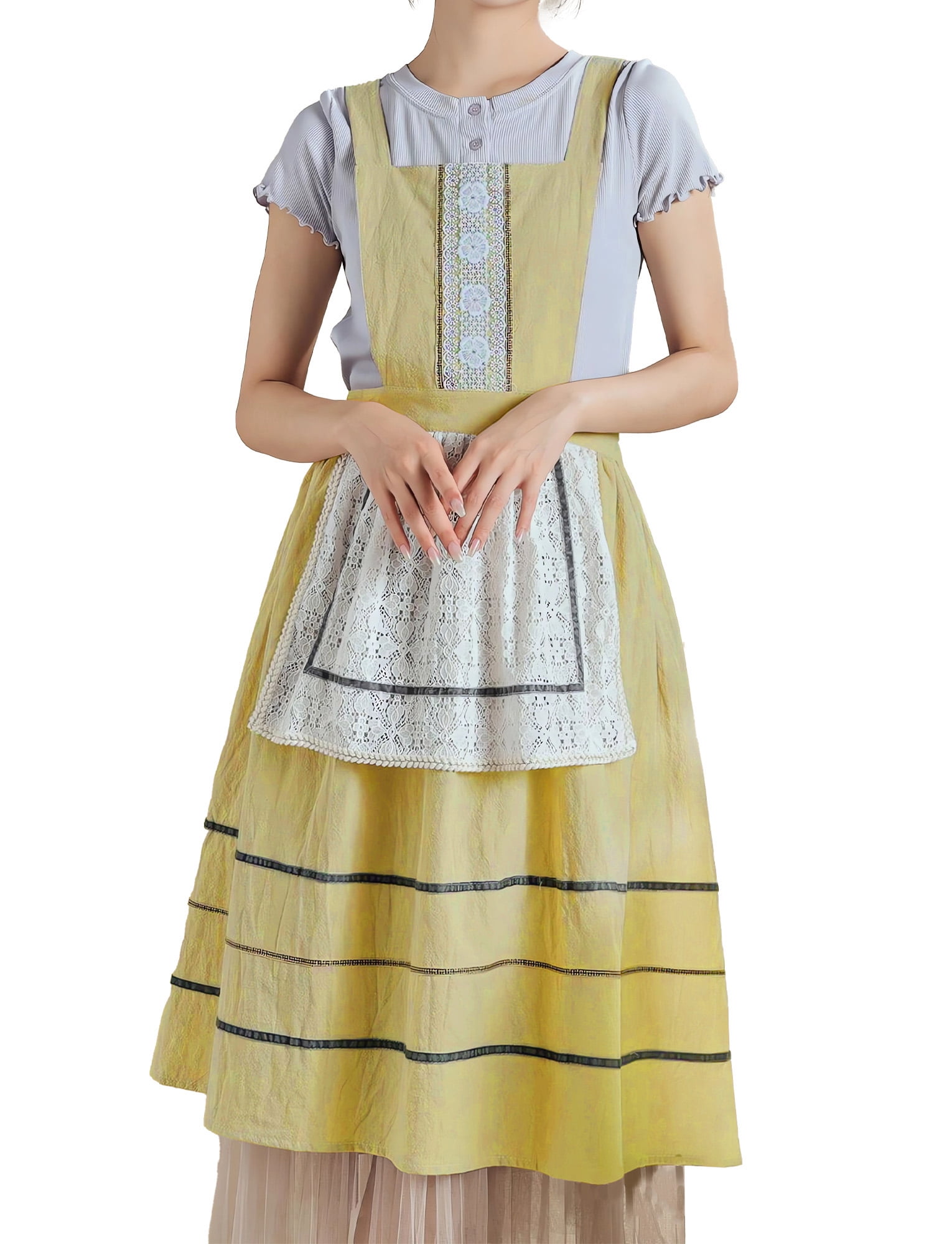 FEOYA Cooking Apron for Women Cotton Apron Pinafore Aprons Lace Cute aprons Dress Loose Smock for Kitchen Gardening Chef Baking Art Painting Yellow