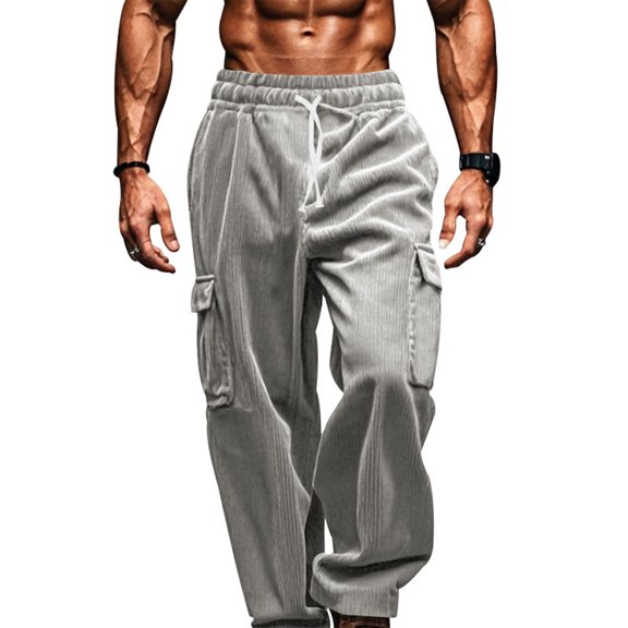 FEOYA Corduroy Pants for Men Cargo Joggers Drawstring Waist Male Baggy Sweatpants Straight Legs Track Joggers for Outdoor Hiking Running Workout Athletic Sport 3XL Gray