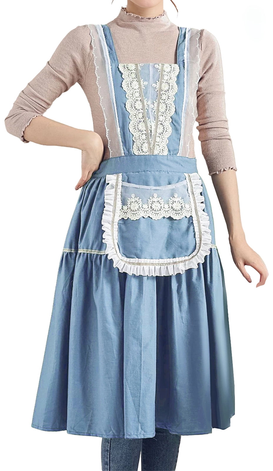 FEOYA Cotton Apron for Women Kitchen Apron Vintage Pinafore Apron Dress Chef Lace Aprons with Pockets for Cooking Baking Gardening Work Cake Blue