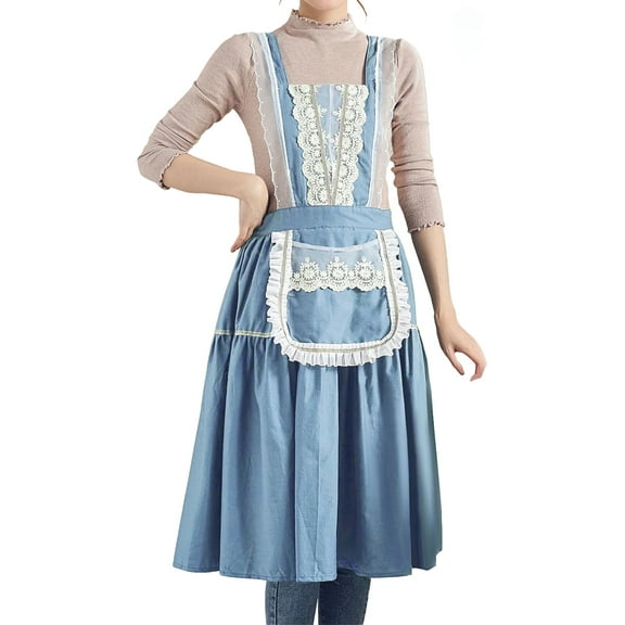 FEOYA Cotton Apron for Women Kitchen Apron Vintage Pinafore Apron Dress Chef Lace Aprons with Pockets for Cooking Baking Gardening Work Cake Blue
