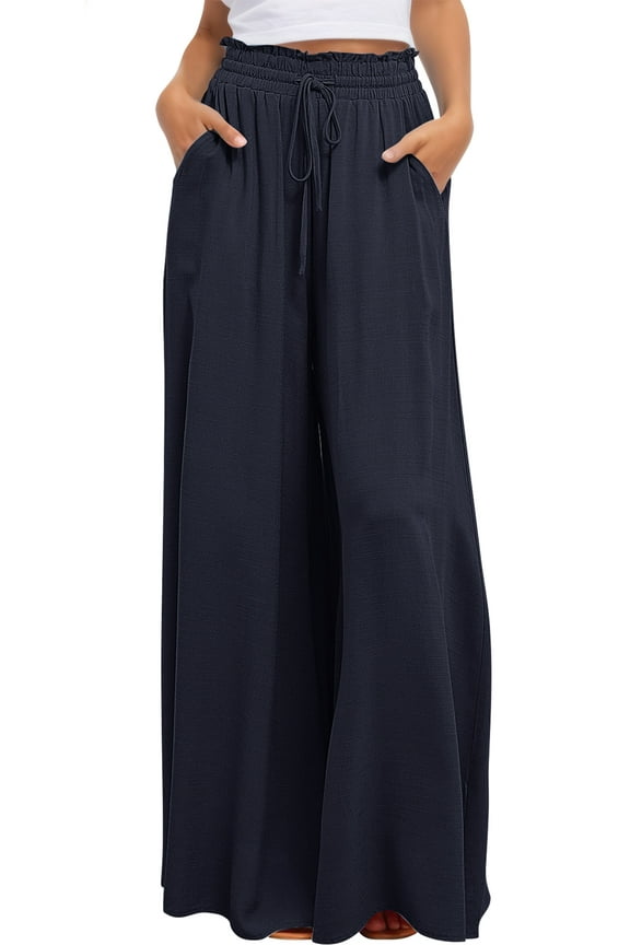 Drawstring Palazzo Pants for Women Casual Wide Leg Trousers High Waist Flare Pants Loose Flowy Pants with Pockets Elastic Waist Spring Summer XL