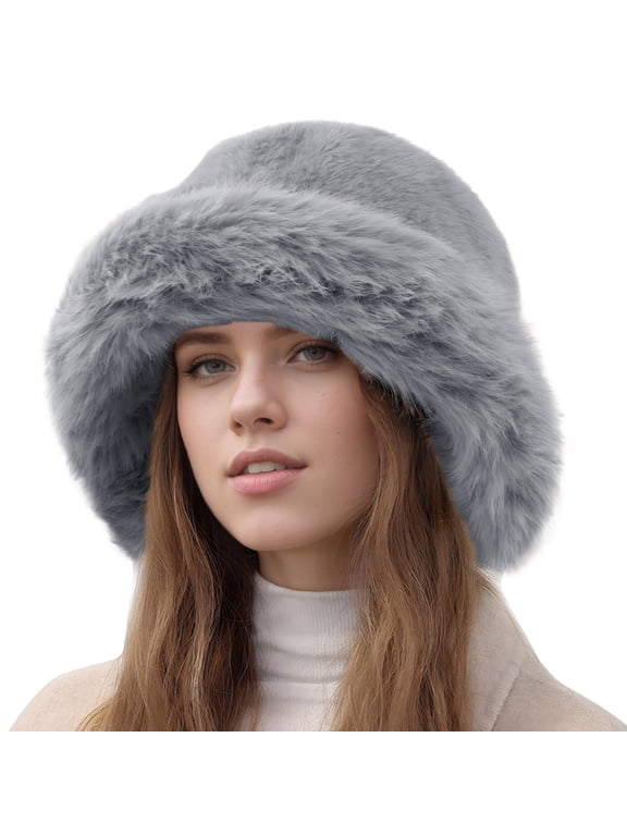 Faux Fur Bucket Hat for Women Winter Ushanka Hat Ladies Fluffy Pail Cap Fuzzy Fisherman Cap Furry Warm Snow Hat Gray for Snow Outdoor