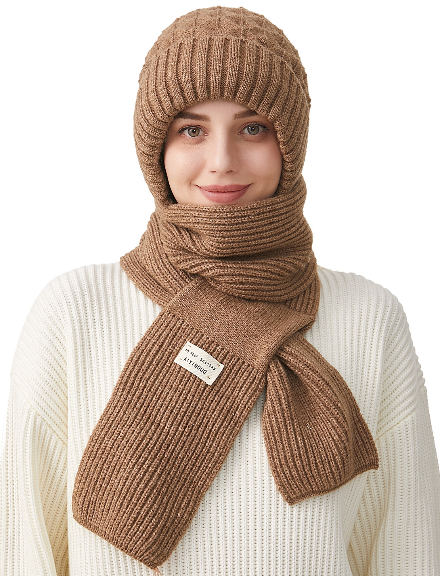 FEOYA Fleece Balaclava Hat Hood Scarf Women Integrated Ear Protection Windproof Cap Scarf One-Piece Hats Scarf Beanie Warm Knitted Ski Scarf Hat Khaki