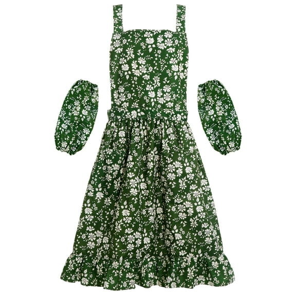 FEOYA Floral Apron for Women Vintage Apron Dress 2 Pockets Kitchen Apron Cute Bib Printed Apron for Gardening Florists Cooking Workwear Green/Khaki