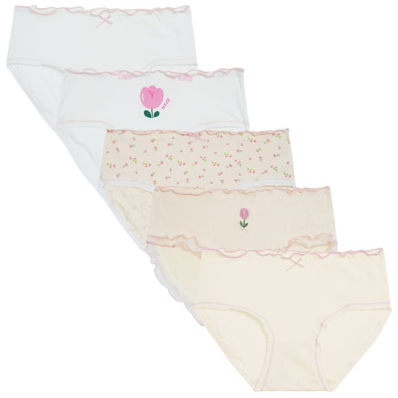 FEOYA Girl Soft Underwear Cute Underpants Cotton Panties Kids Breathable Underwear Comfortable Brief with Bow Embroidered Panties Lace Trimmed Panties 5 Pack XL
