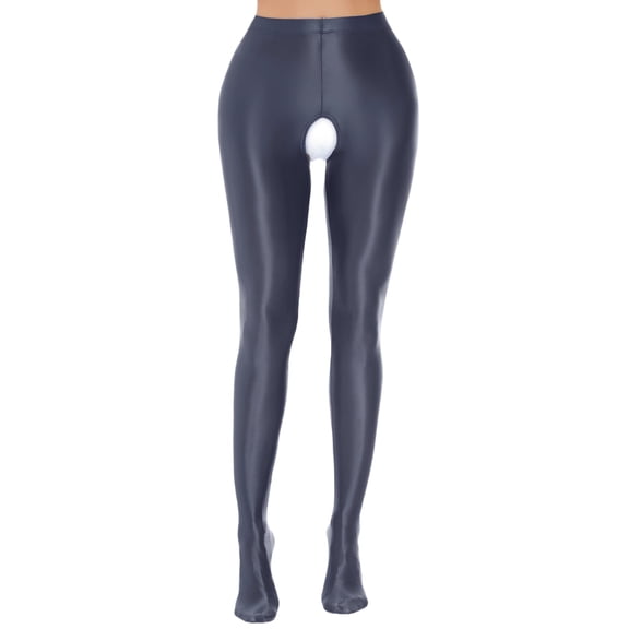 FEOYA Glossy Opaque Pantyhose Women's Oil Bright Footed Tights Shiny High Waist Crotchless Seamless Stockings Tights Nylon Leggings Pilates Yoga Pants S Gray for Valentine's Day Gifts