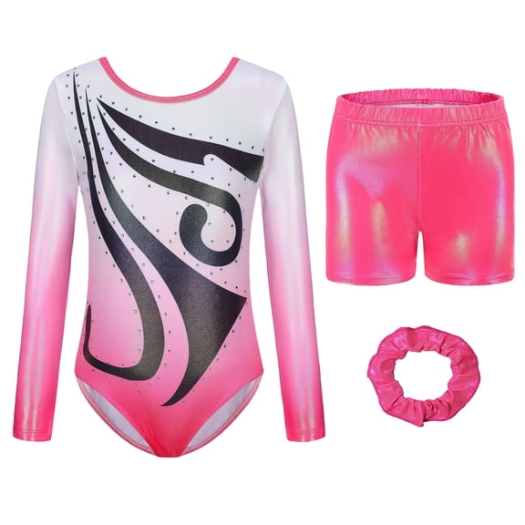 FEOYA Gymnastics Leotards for Girls Long Sleeve/Sleeveless Leotards Kids Gymnastics Athletic Bodysuit Dance Jumpsuit Sparkly Ballet Outfit Shorts Hairbands Set 3Pcs for 5-12 Years Pink