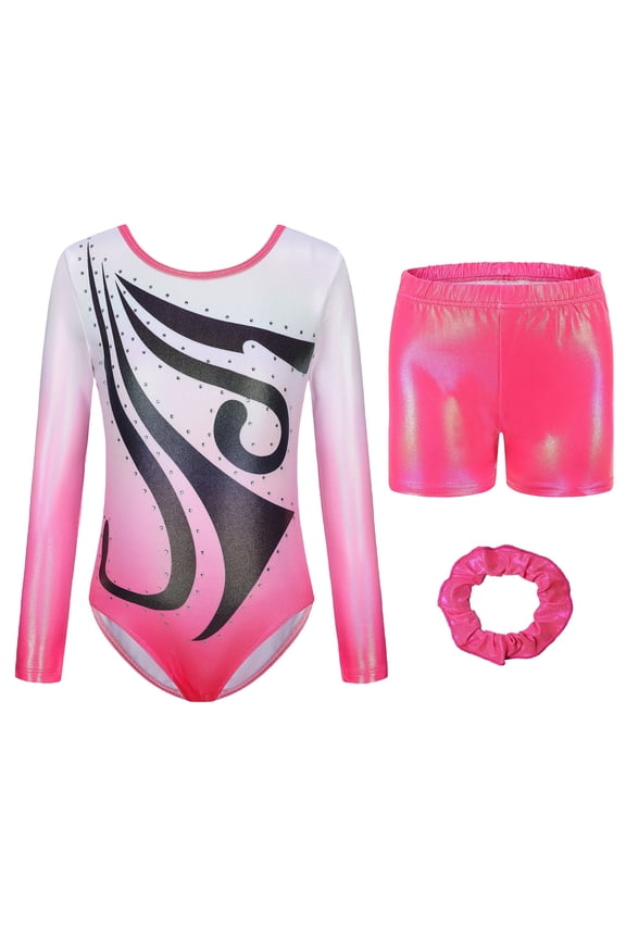Gymnastics Leotards for Girls Long Sleeve/Sleeveless Leotards Kids Gymnastics Athletic Bodysuit Dance Jumpsuit Sparkly Ballet Outfit Shorts Hairbands Set 3Pcs for 5-12 Years Pink