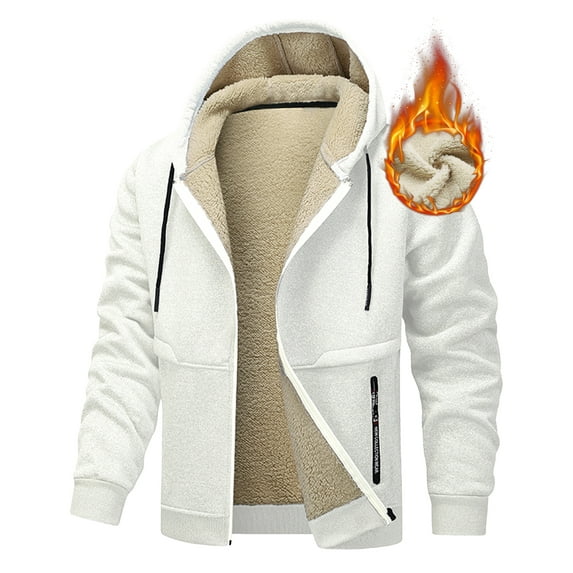 FEOYA Hooded Coat Men's Thermal Thick Outwear Softshell Coat Fleece Sweatshirt Winter Sherpa Lined Jacket Zip Up with Pockets L White