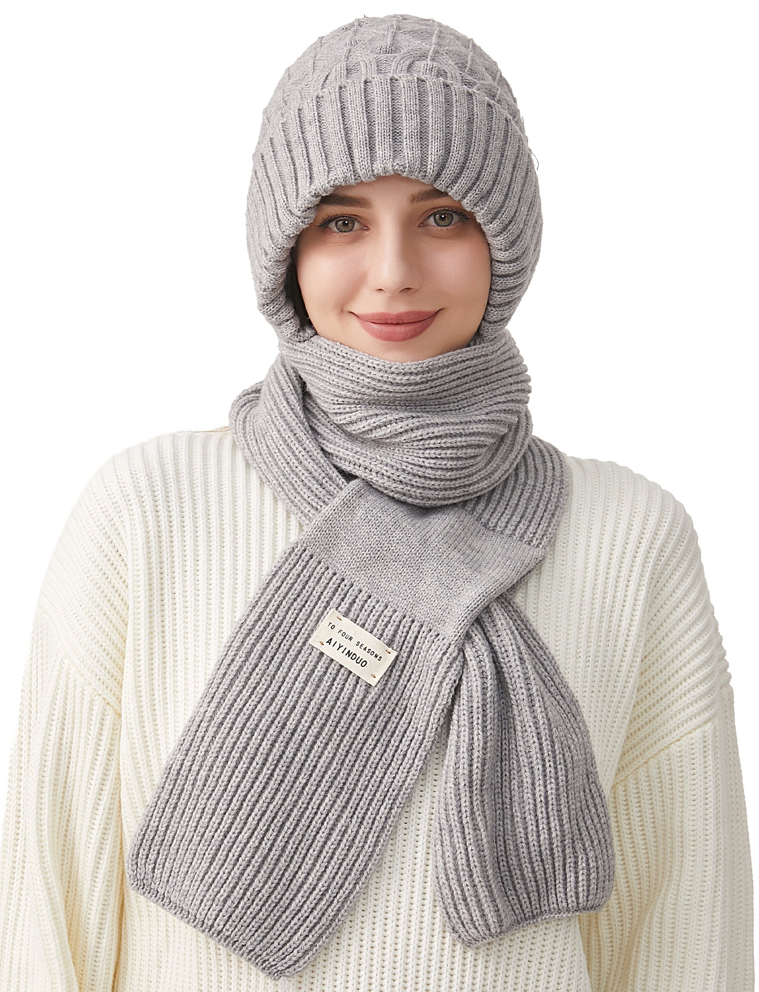 FEOYA Integrated Ear Protection Windproof Cap Scarf Women Fleece Balaclava One-Piece Hat Hood Scarf Beanie Warm Knitted Ski Scarf Hat Gray