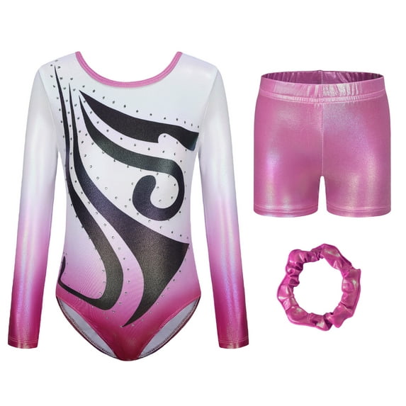 FEOYA Kids Gymnastics Leotards Gymnastics Long Sleeve/Sleeveless Leotards for Girls Athletic Bodysuit Dance Jumpsuit Sparkly Ballet Outfit Hairbands Shorts Set for 5-12 Years 3Pcs Purple