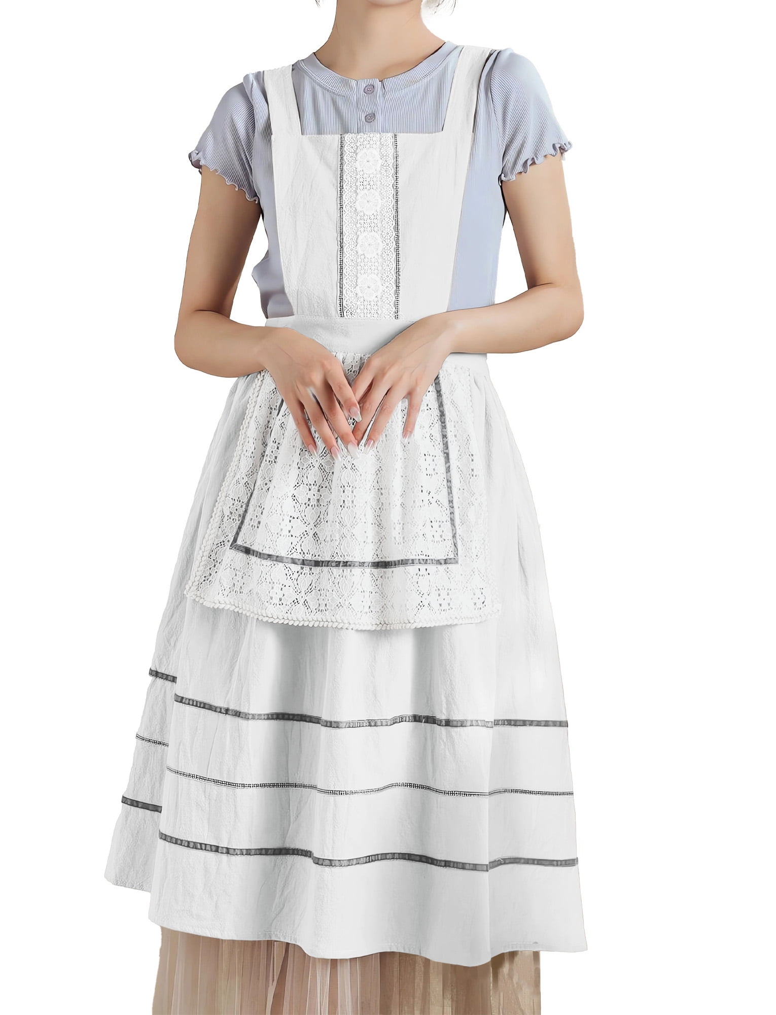 FEOYA Kitchen Apron for Women Cotton Apron Pinafore Cooking Aprons Cute Lace aprons Dress Loose Smock for Painting Gardening Chef Baking Art White