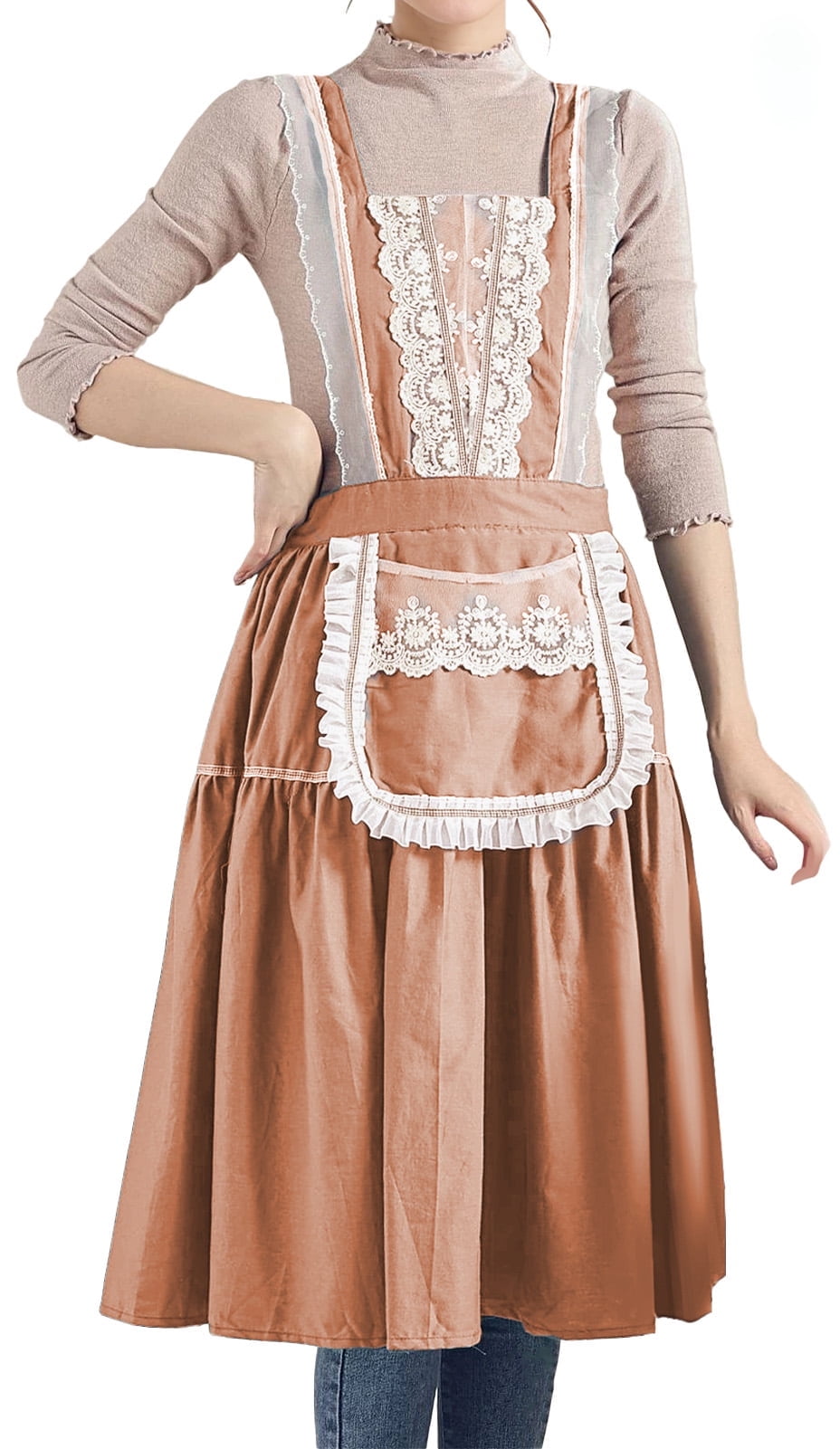 FEOYA Kitchen Apron for Women Cotton Apron Vintage Pinafore Apron Chef Lace Aprons Dress with Packet for Cooking Baking Gardening Work Cake Brown