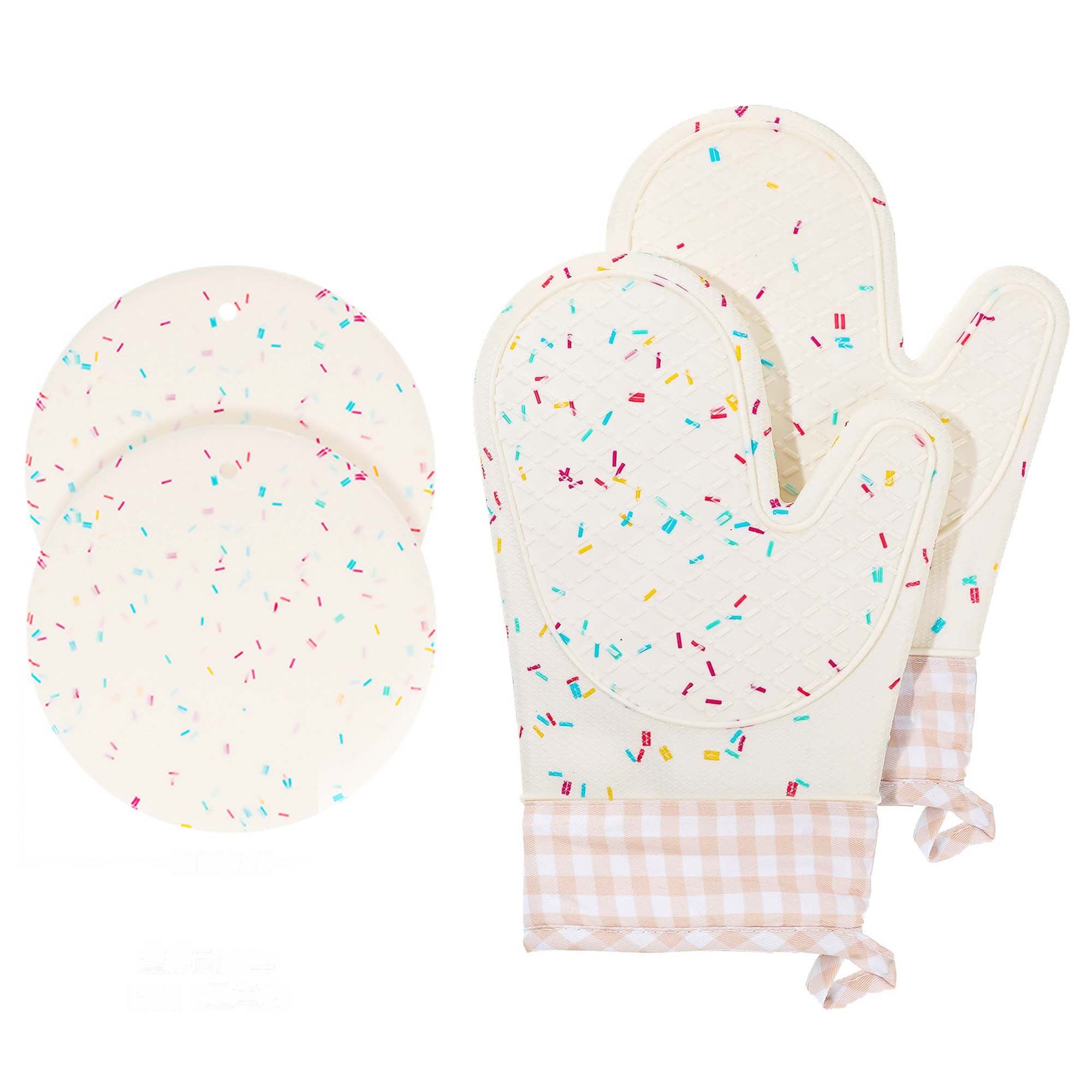 FEOYA Kitchen Oven Mitts Silicone Oven Mitten Round Pot-Holder 4 Pcs Heat-Resistant 500°F Washable Non-Slip Surface Soft Cotton Oven Gloves for Baking Cooking Grilling