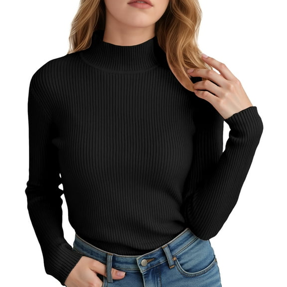 FEOYA Knit Sweater Slim Fit Women's Ribbed Pullover Top Mock Neck Ladies Basic Sweater Half Turtleneck for Winter Fall Black