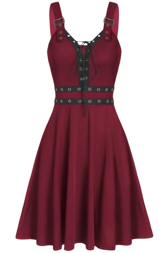 Ladies Gothic Punk Dress Women's Sleeveless Steampunk Dress Adjustable Strap A-Line Dress Goth Lace-Up Dress L Red