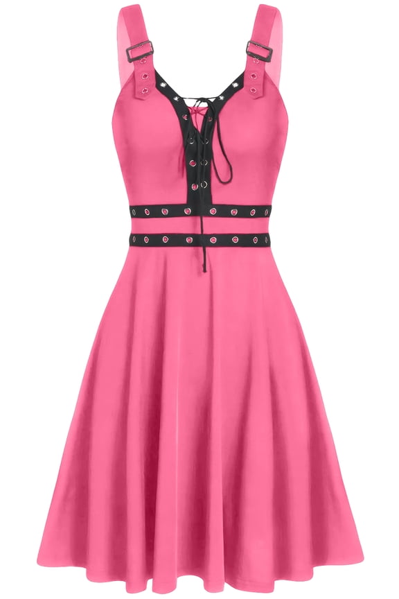 Ladies Punk A-Line Dress Women's Goth Dresses Adjustable Strap Steampunk Maxi Dresses Gothic Lace-Up Dress 2XL Pink
