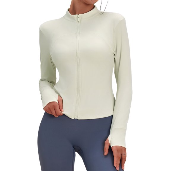 FEOYA Ladies Running Workout Jackets Women Slim Fit athletic jacket Track Yoga Tops with Thumb Holes L White
