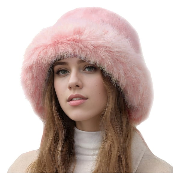 FEOYA Ladies Winter Bucket Hats Faux Fur Women Plush Bucket Plush Warm Fuzzy Ushanka Cap Thick Fisherman Russian Cap Furry Pail Cap Pink