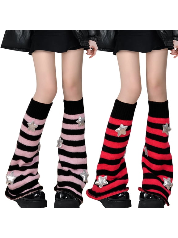 Leg Warmers for Women Y2k Star Knitted Leg Warmers Punk Goth Harajuku Leg Cover Kawaii Streetwear Leg Cover Stripe 2 Pair