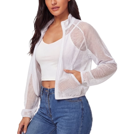 FEOYA Lightweight Bomber Jacket Women Mesh Ladies Summer Sheer Cropped Long Sleeve Jacket Zipper Up With Pocket L White