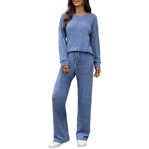 FEOYA Matching Pajama Lounge Sets for Women Ribbed Knit Sleepwear Ladies Fall Long Sleeve Pajama 2 Piece Cozy Loungewear XL Blue