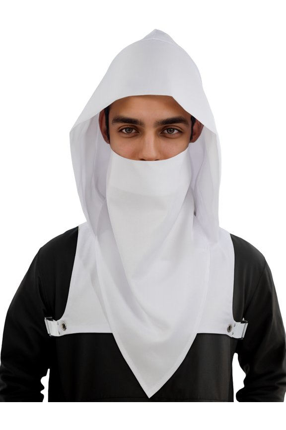 Medieval Hooded Scarf Steampunk Rogue Cowl Hood Scarf Cyberpunk Hooded Cape Hat Gothic Hood Hat Adjustable Belt Mask for Daily Outdoor White