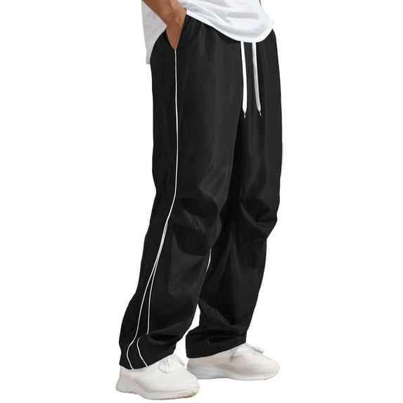 FEOYA Men Hip Hop Baggy Sweatpants Straight Vintage Track Pant Wide Leg Y2K Streetwear Loose Sport Skateboard Trousers Side Stripes Parachute Pants with Drawstring L Black